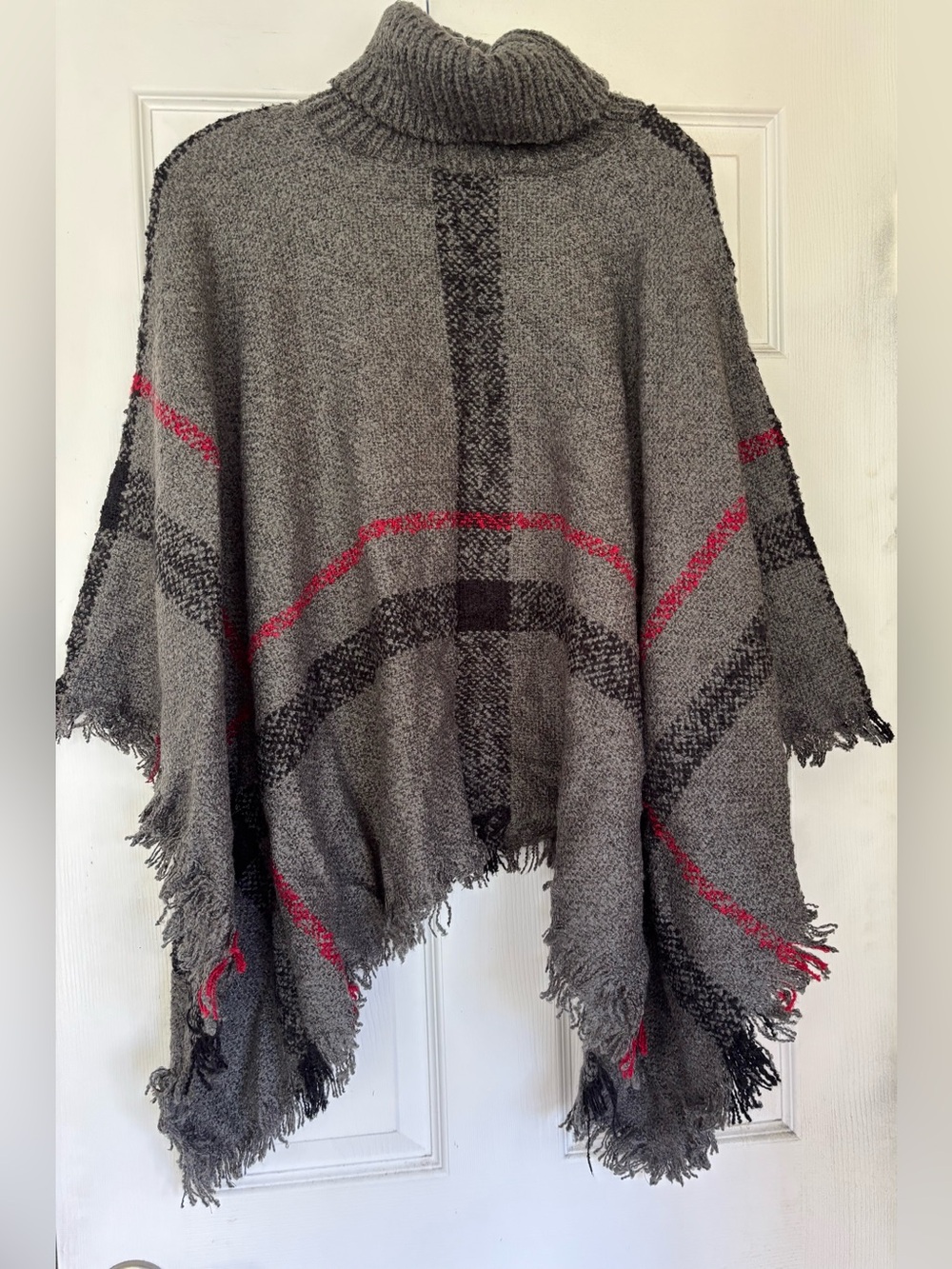 Gray Turtleneck Fringe Poncho Sweater with Red Accent